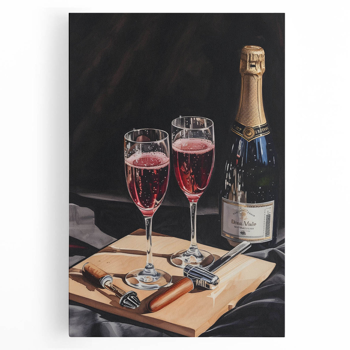 Large black and white stretched canvas featuring assorted kitchen utensils, ideal for kitchen wall art.