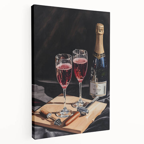 Large stretched canvas featuring a colorful depiction of various fruits and beverages, ideal for kitchen wall art.
