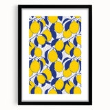 Extra large, textured abstract art print of colorful fruits on canvas, framed in black, ideal for living room decor.