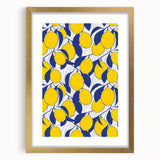 Extra large abstract art print featuring textured fruits in vibrant colors, framed in gold, ideal for living room decor.