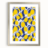 Textured abstract art print featuring assorted fruits in vibrant colors, framed in silver, ideal for kitchen wall decor.