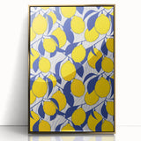 Large art print of assorted fruits in bold colors on a gold-framed acrylic, mid-century modernist style.