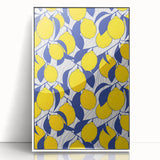 Acrylic print of colorful fruits in art deco style, framed in white, suitable for modern nursery decor.