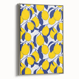 Framed canvas featuring a vintage poster of colorful fruits arranged in a landscape format, ideal for kitchen wall decor.