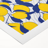 Art deco poster featuring an assortment of fruits in vibrant colors on a rolled canvas, suited for dining room decor.