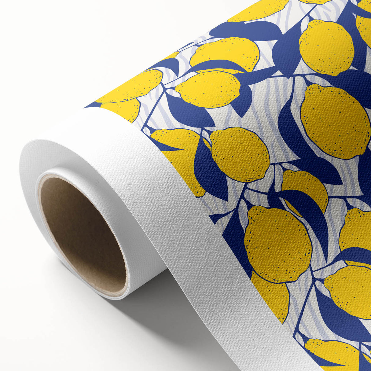 Art Deco style poster featuring an assortment of colorful fruits on rolled canvas.