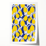 Rolled print of assorted fruits in vibrant colors on a white background, suitable for dining room decor.
