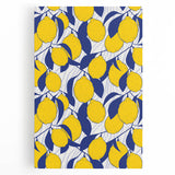 Black and white print of assorted fruits on stretched canvas, suitable for kitchen wall art.