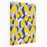 Large stretched canvas featuring an array of colorful fruits, ideal for kitchen wall art.