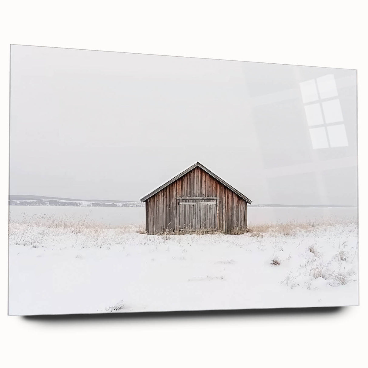 Side view of a landscape barn acrylic glass art piece showcasing vibrant colors and intricate details, ideal for rustic home decor. Perfect for enhancing any living space.