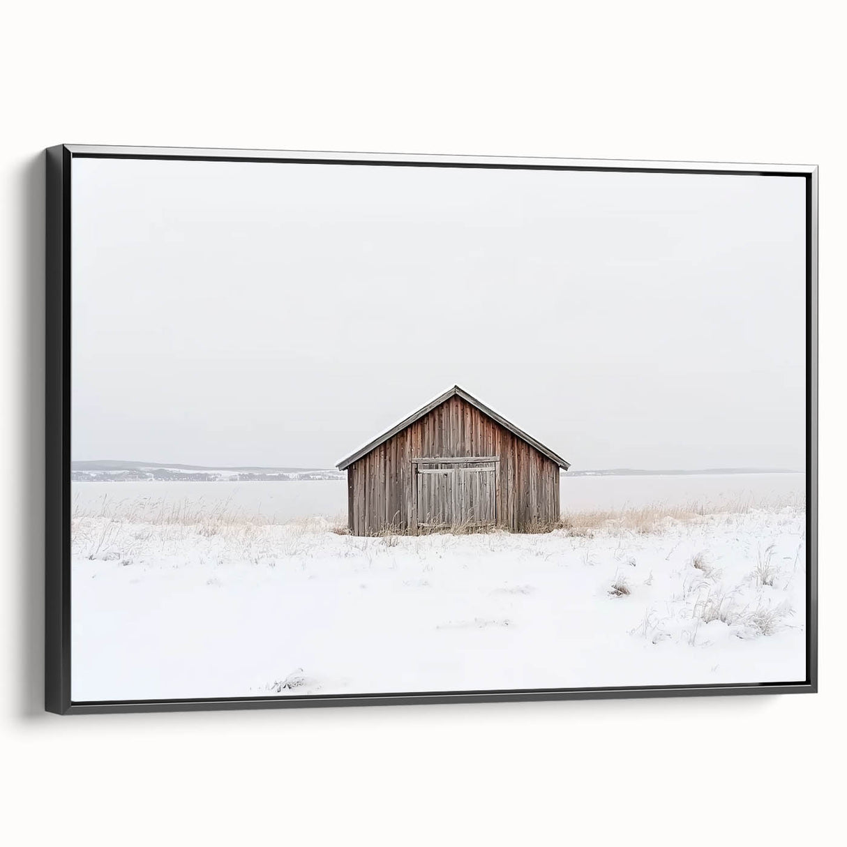 Barn-themed landscape canvas print framed in black, showcasing vibrant colors and intricate details, perfect for rustic home decor or farmhouse style.