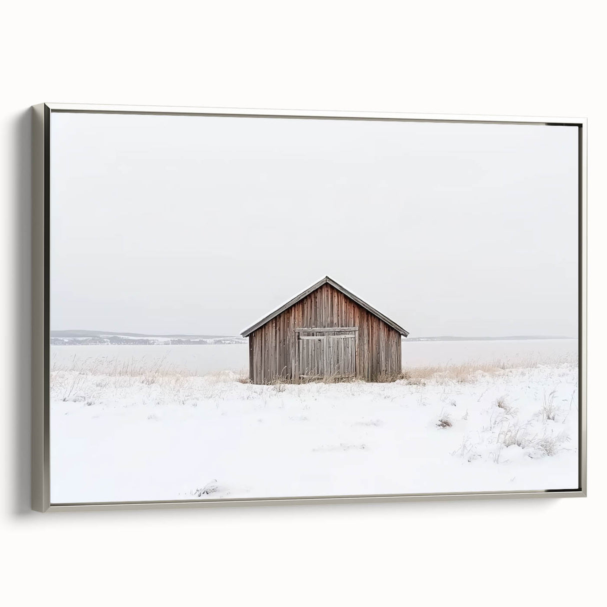 Barn landscape canvas print with a silver frame, showcasing vibrant colors and intricate details of rural scenery, ideal for home decor enhancement.