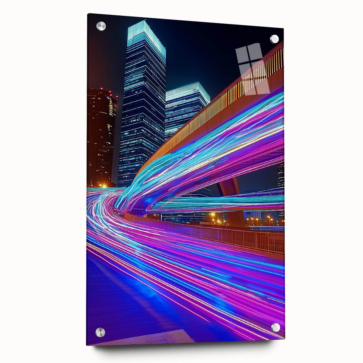 Acrylic glass landscape bridge design showcased from a side view, highlighting elegant pins and a sleek finish, perfect for modern decor enthusiasts. This unique artwork emphasizes contemporary aesthetics in home design.