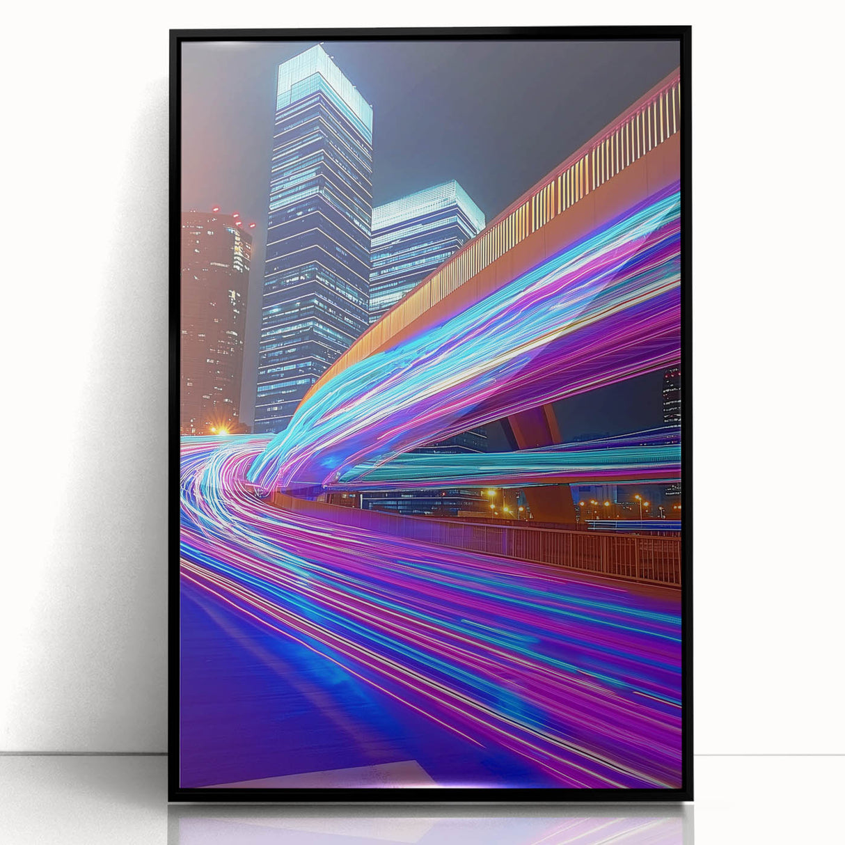 Framed acrylic art piece depicting a striking landscape bridge view, showcasing vibrant colors and intricate details, ideal for modern home decor.