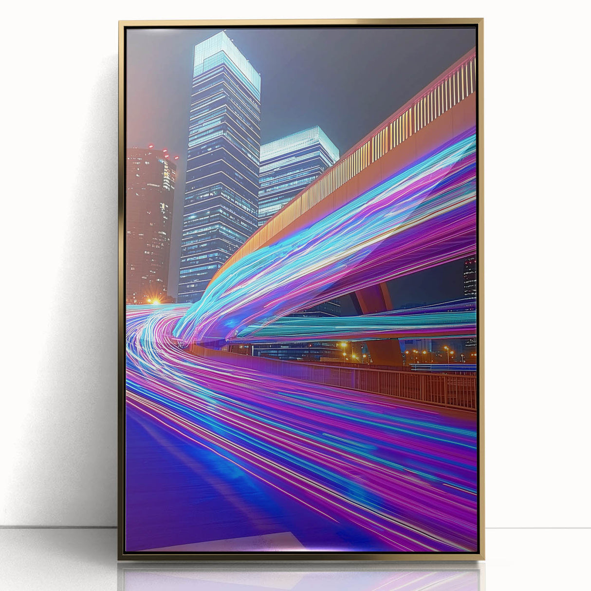 Framed acrylic artwork of a landscape bridge in gold tones, showcasing intricate details and a modern aesthetic, ideal for home decor and artistic display.