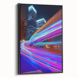 Framed canvas artwork of a serene landscape featuring a bridge, displayed in a stylish black frame, showcasing vibrant colors and intricate details. Perfect for home decor.