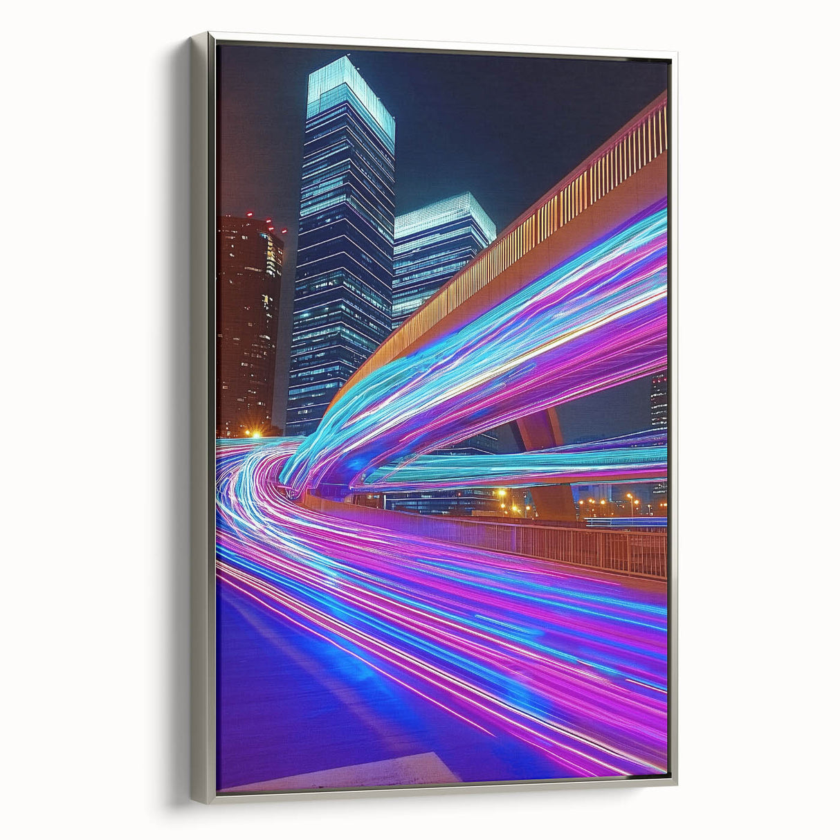 Framed canvas artwork depicting a vibrant landscape with a bridge, featuring a silver frame. Ideal for home decor, adding a serene touch to any room.