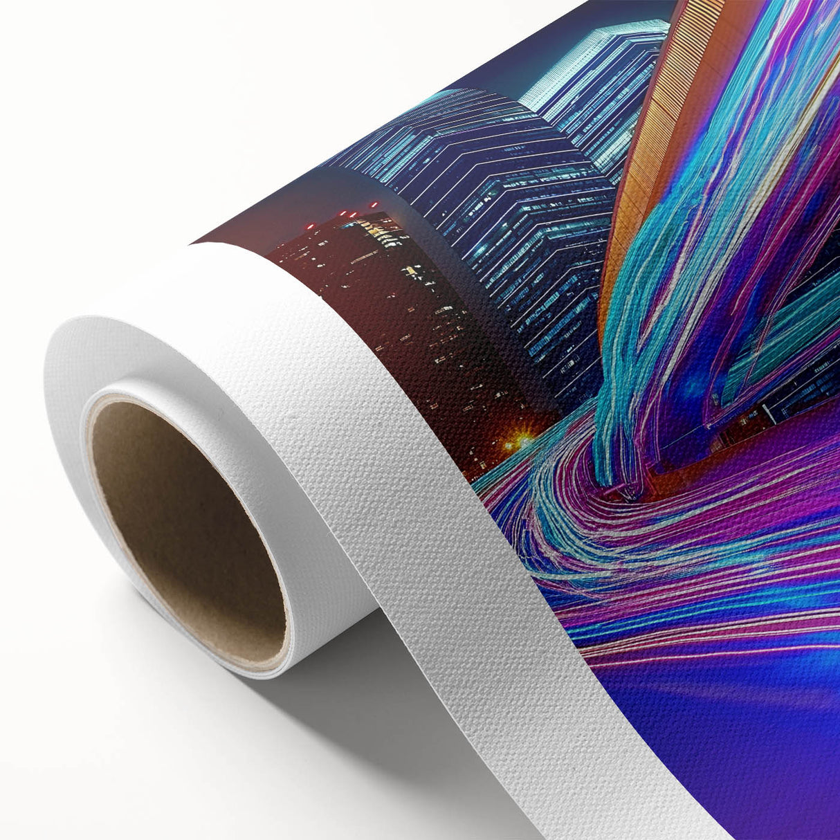 Beautiful rolled canvas artwork of a landscape bridge scene, showcasing vibrant colors and intricate details, packaged securely in a sturdy cardboard tube for protection.