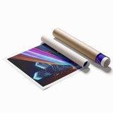 Rolled landscape print featuring an intricate bridge design with vibrant colors and detailed textures, securely packaged in a durable cardboard tube for safe transport. Perfect for enhancing home decor with artistic flair.