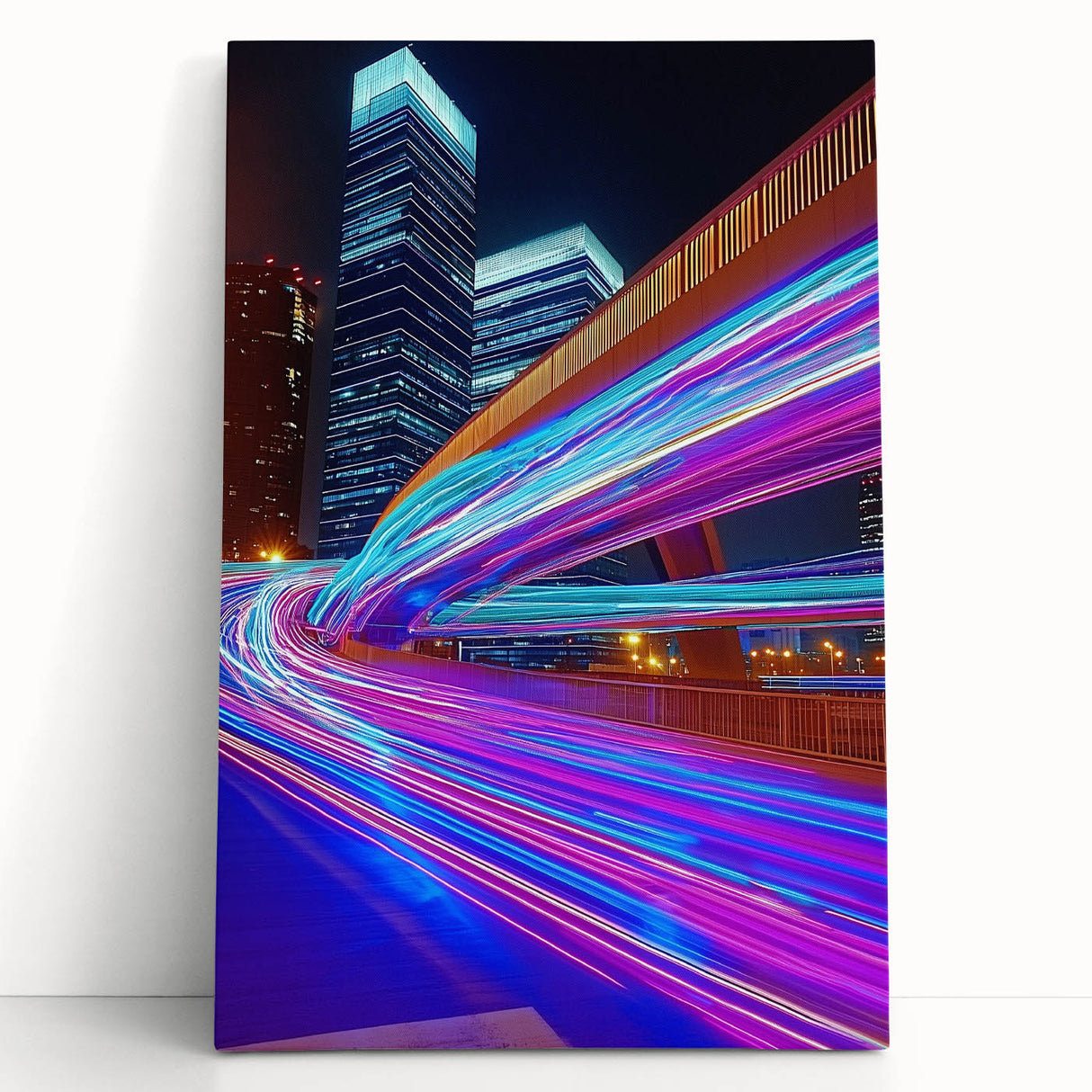 Stretched canvas artwork showcasing a vibrant landscape of a bridge surrounded by lush greenery, perfect for adding a calming touch to home decor.