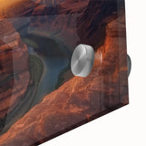 Close-up view of a vibrant acrylic glass art piece depicting a stunning landscape of canyons, showcasing intricate details and rich colors, ideal for home decor.