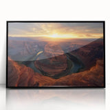 Framed acrylic artwork showcasing a stunning landscape of canyons in vibrant colors, featuring a sleek black frame that enhances the visual appeal, perfect for home decor.