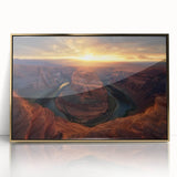 Framed acrylic print showcasing a stunning landscape of canyons in rich gold tones, perfect for enhancing modern home decor and adding artistic flair to any room.