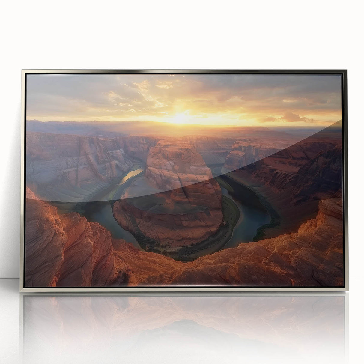 Framed acrylic artwork depicting a stunning landscape of canyons, showcasing vibrant colors and intricate details, perfect for modern home decor.