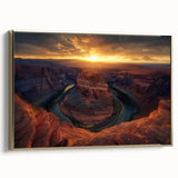Framed landscape canvas showcasing a stunning view of canyons with gold accents, adding elegance to home decor. Ideal for nature enthusiasts and art lovers.