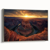 Framed landscape canvas featuring a stunning view of canyons in earthy tones, elegantly displayed with a sleek silver frame, perfect for home decor.