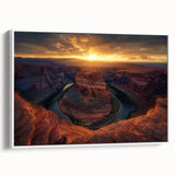 Framed landscape canvas print depicting majestic canyons in earthy tones, showcased from a side view against a white background, ideal for home decor.
