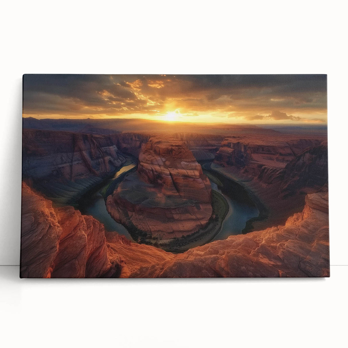 Stretched canvas artwork depicting a vibrant landscape of canyons, showcasing rich earthy tones and dramatic rock formations, perfect for enhancing modern home decor.