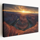 Stretched canvas artwork depicting a vibrant landscape of canyons in warm earth tones, showcasing intricate details and textures, ideal for home decor.