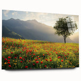 Acrylic landscape art piece depicting serene countryside scenery, showcasing vibrant green fields and a clear blue sky, presented in a side view without pins.