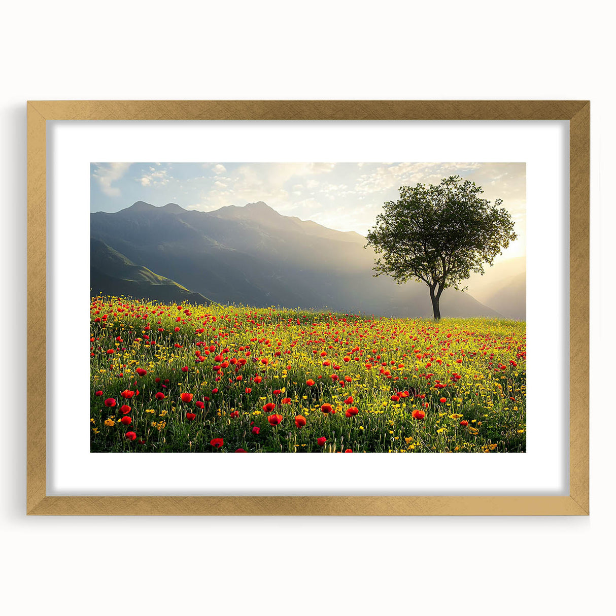 Elegant gold-framed landscape artwork showcasing a serene countryside scene, complete with a mat for added depth, perfect for enhancing home decor.