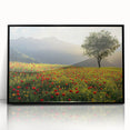 Framed acrylic landscape artwork showcasing a serene countryside scene, featuring lush green fields and a bright blue sky, presented in a sleek black frame.