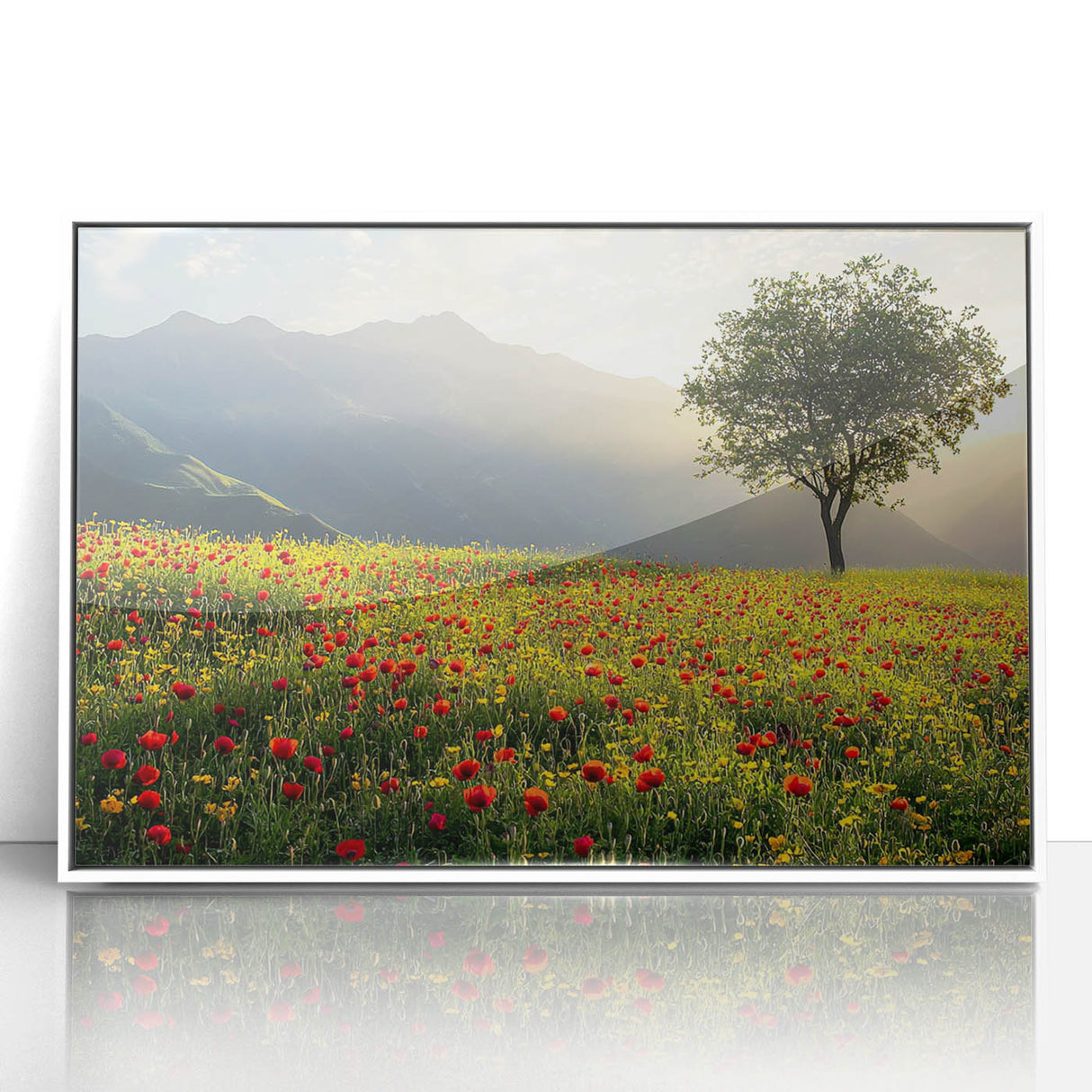 Framed acrylic artwork depicting a serene countryside landscape in vibrant colors, featuring lush green fields and distant hills, designed to enhance home decor.