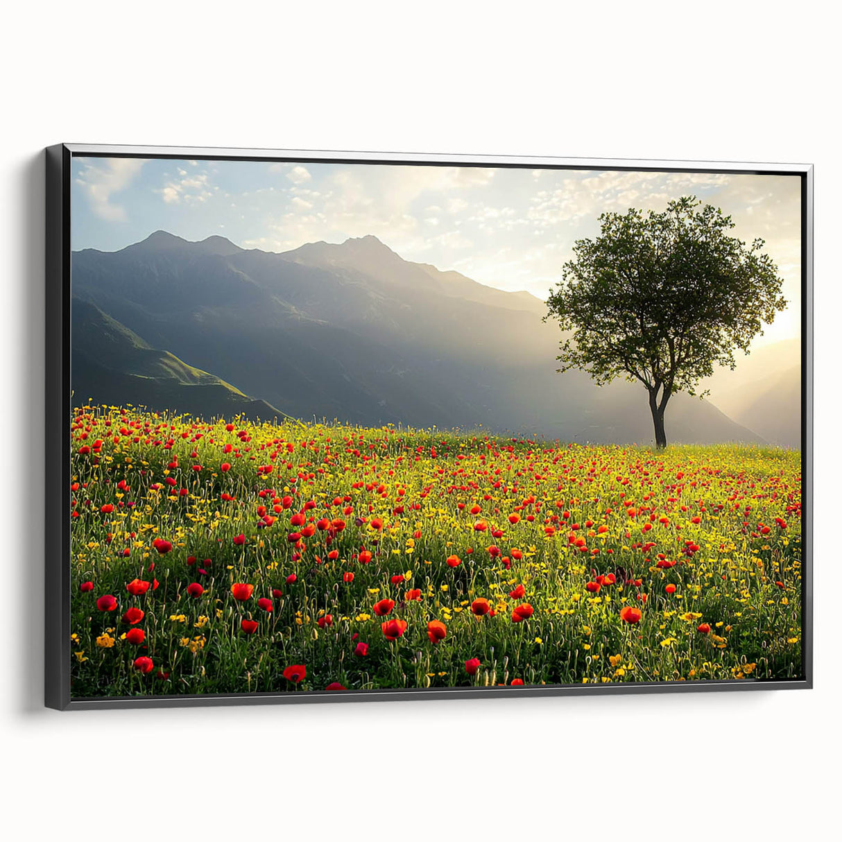 Framed canvas artwork showcasing a serene countryside landscape with vibrant colors and intricate details, set against a sleek black frame, perfect for home decor.