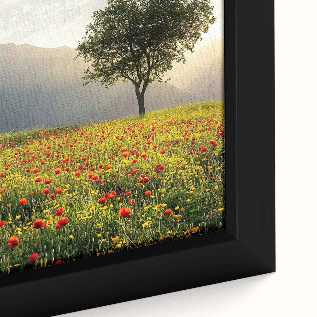 Close-up of a framed canvas depicting a serene countryside landscape, showcasing vibrant greens and blues, perfect for home decor in a rustic or modern setting.