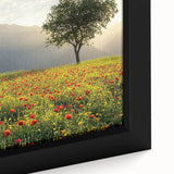 Close-up of a framed canvas depicting a serene countryside landscape, showcasing vibrant greens and blues, perfect for home decor in a rustic or modern setting.