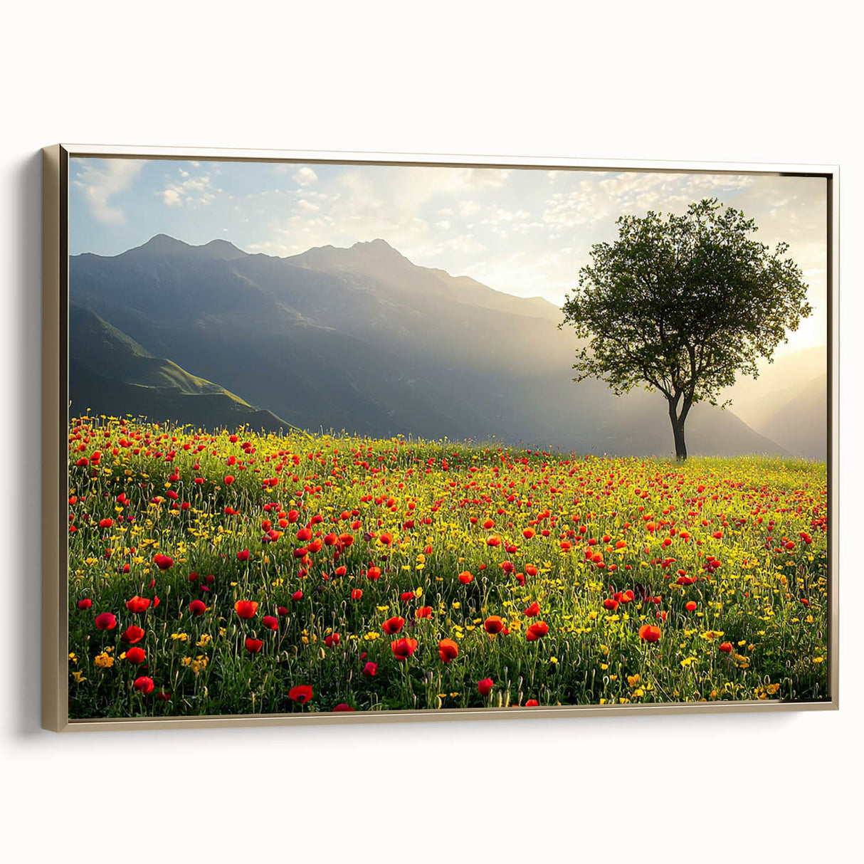 Framed canvas artwork showcasing a picturesque countryside landscape, featuring vibrant greens and earthy tones, elegantly bordered with a gold frame, ideal for enhancing home decor.