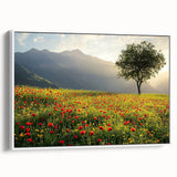 Framed canvas artwork depicting a serene countryside landscape, featuring lush green fields and a bright blue sky, ideal for home decor enthusiasts.