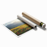 Rolled print showcasing a serene countryside landscape with rolling hills and a vibrant sunset, elegantly packaged in a protective cardboard tube for optimal preservation.