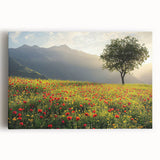 Stretched canvas artwork depicting a serene countryside landscape with rolling hills, vibrant greenery, and a clear blue sky, ideal for home decor.