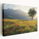 Stretched canvas artwork depicting a serene countryside landscape with rolling hills and vibrant greenery, showcasing a tranquil rural scene in vivid colors.
