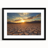Black-framed desert landscape artwork with a white mat, showcasing a serene sunset over sand dunes, ideal for modern home decor and art enthusiasts.