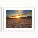 Desert landscape framed artwork with a white mat, showcasing warm tones of oranges and browns, perfect for enhancing home decor with a serene vibe.