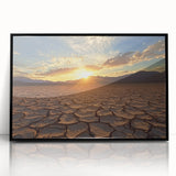 Framed acrylic artwork depicting a stunning desert landscape, showcasing vibrant colors and intricate details, presented in a sleek black frame for modern decor.