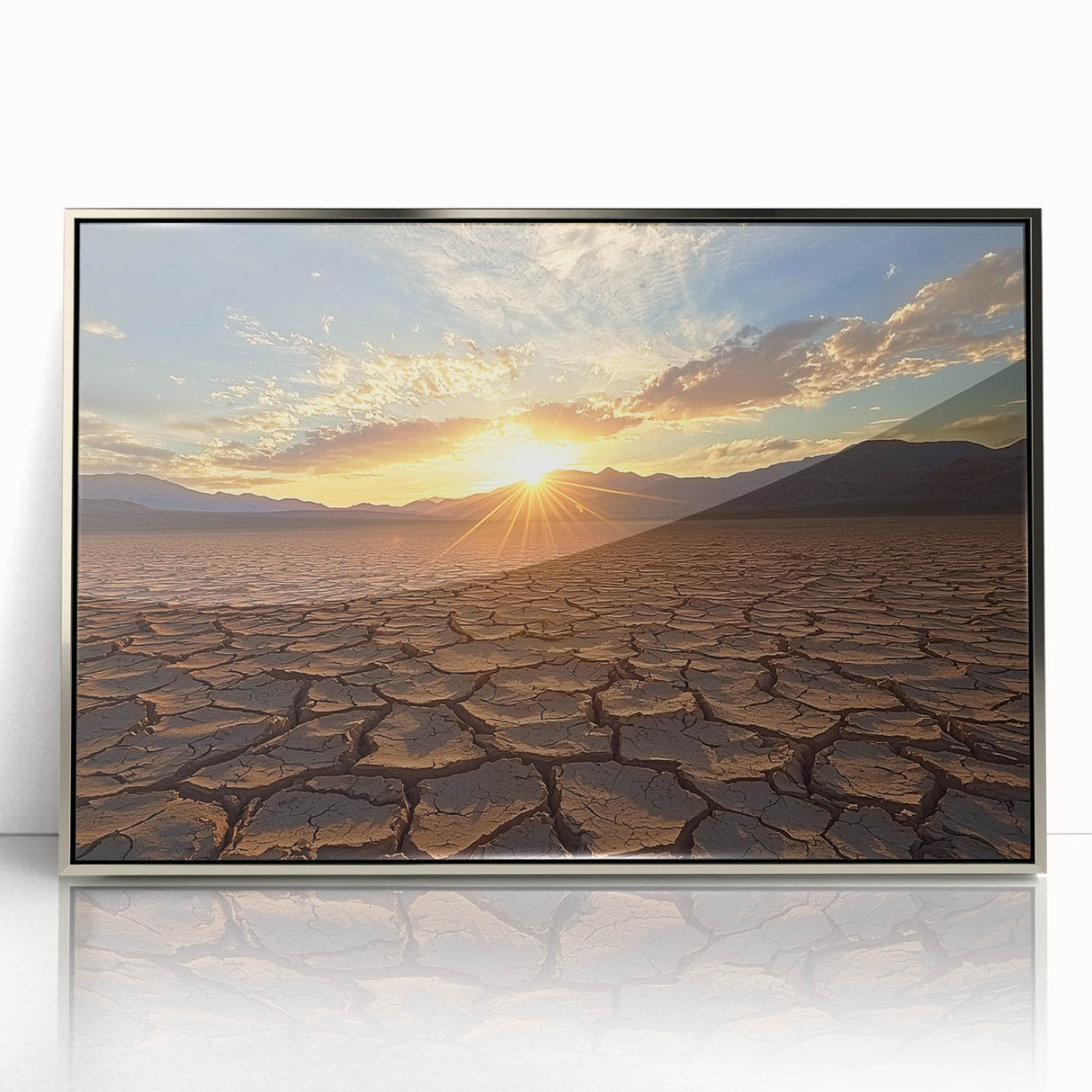 Framed acrylic artwork showcasing a vibrant desert landscape in silver tones, ideal for modern home decor, enhancing interior spaces with its serene beauty.