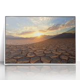 Framed acrylic artwork depicting a serene desert landscape, featuring vibrant colors and intricate details, presented in a sleek white frame, ideal for home decor.